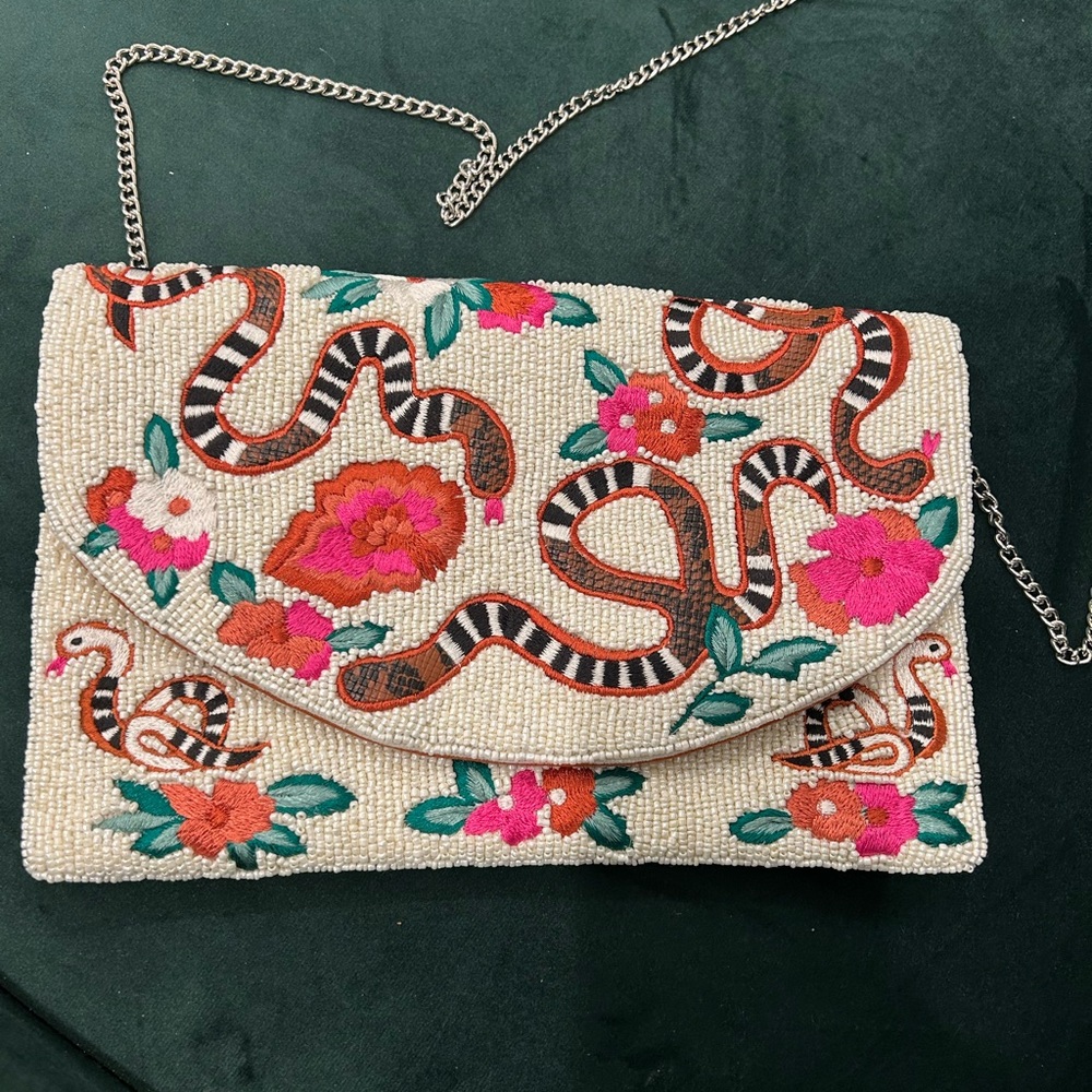 Embroidered Floral and Snake Clutch
